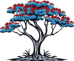 A stylized illustration of a majestic tree with blue and red leaves vector