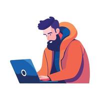 A man with a beard and a hoodie is working on a laptop vector