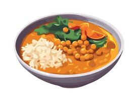 A bowl of curry with rice and vegetables vector