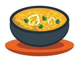 A bowl of noodles with eggs and herbs vector