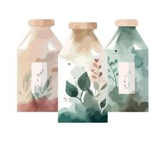 Three bottles with plants and leaves on them vector