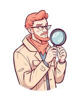A man in glasses and a scarf is holding a magnifying glass vector