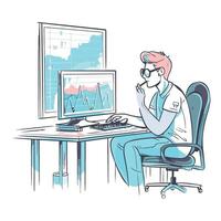 A man in glasses sitting at a desk with a computer screen vector