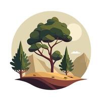 A flat illustration of a tree and mountains vector