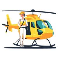 A man in a yellow uniform stands next to a yellow helicopter vector