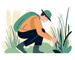 Man with backpack and hat in the grass vector