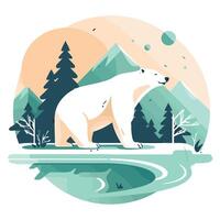 A polar bear standing on a mountain with trees and water vector