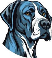 A striking illustration of a dog's head, rendered in a bold blue and white color scheme vector