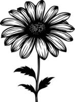 Elegant black and white silhouette of a single daisy flower with stem and leaves vector