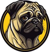 A bold and expressive illustration of a pug's face, set within a yellow circle with a black border vector