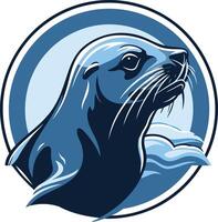 Bold and graphic illustration of a seal's head with a wave behind it in a circular design vector