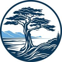 A circular, minimalist logo design featuring a stylized silhouette of a lone tree by the sea, with mountains in the background vector