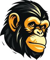 A fierce and detailed illustration of a chimpanzee's head, featuring a powerful expression and striking black and yellow color scheme vector