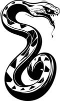 A striking black and white illustration of a coiled snake with a fierce expression vector