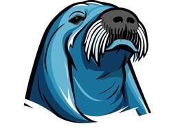 A bold, blue walrus illustration with a detailed, expressive face vector