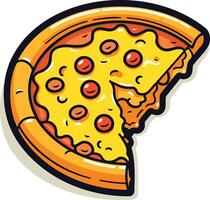 A cartoon illustration of a delicious pizza with a slice missing, perfect for menus, social media, and food related projects vector