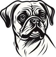 Black and white illustration of a pug dog's head, drawn in a bold, graphic style vector