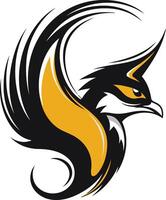 A bold and stylized illustration of a bird's head with a wing and a stylized tail vector
