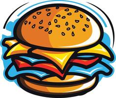 A delicious cartoon burger with cheese, tomato, and lettuce vector