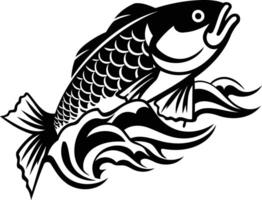 Black and white element illustration of a leaping carp fish with stylized waves vector