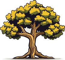 A cartoon illustration of a large, green tree with a thick trunk and roots, set against a white background vector