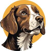 A close-up illustration of a friendly brown and white dog with a warm yellow background vector