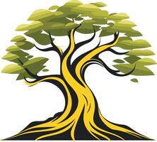 A stylized illustration of a strong, ancient tree with thick yellow bark and green leaves, symbolizing growth, resilience, and longevity vector