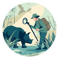 A man in a hat and backpack is looking at a rhino vector