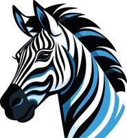 A bold and stylized zebra head illustration with a striking black and blue color scheme vector
