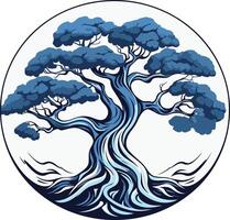 A stylized, blue bonsai tree in a circular frame, symbolizing growth, resilience, and longevity vector