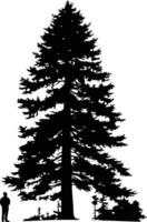 A striking silhouette of a towering pine tree, dwarfed by a lone figure, creating a sense of scale and grandeur vector