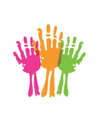 Three colorful hands with different colors on a white background