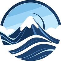 A minimalist logo design featuring a stylized mountain peak rising from a wavy ocean, with a sky and clouds in the background vector