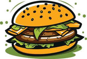 A cartoon illustration of a delicious looking hamburger with lettuce, cheese, and a sesame seed bun vector