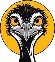 A bold and humorous illustration of an emu's head with a menacing glare, set against a vibrant yellow circle vector