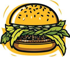 A cartoon illustration of a juicy burger with lettuce and sesame seeds on a bun, perfect for menus, social media, and food branding vector