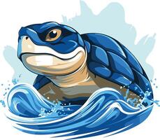 A vibrant illustration of a blue sea turtle emerging from a wave vector
