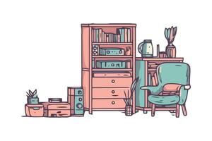 A room with a chair, bookshelf, and a lamp vector