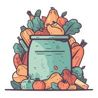 A bucket full of vegetables and fruits vector
