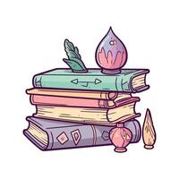 A stack of books with a feather and a water droplet vector