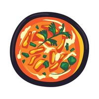 A bowl of curry with vegetables and herbs on a white background vector