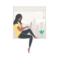 Woman sitting on window sill with laptop and cityscape background vector