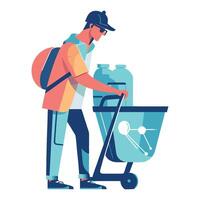 A man is pushing a cart with bottles and cans vector