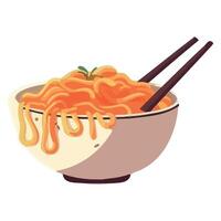 Chopsticks and noodles in a bowl on a white background vector