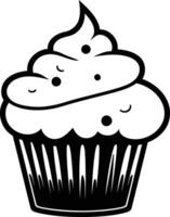 A simple, black and white illustration of a cupcake with frosting and sprinkles vector