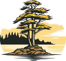 A stylized illustration of a lone tree on a rocky island, silhouetted against a scenic sunset vector