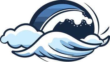 A stylized logo featuring a crescent moon with a wave crashing over it, set against a cloud vector