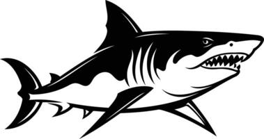 Black and white illustration of a powerful shark with sharp teeth and fins vector