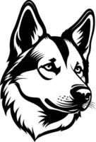 Black and white illustration of a wolf's head, with detailed fur and a sharp gaze, perfect for logo design or branding vector