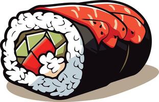 A cartoon illustration of a delicious looking sushi roll with salmon and avocado filling vector